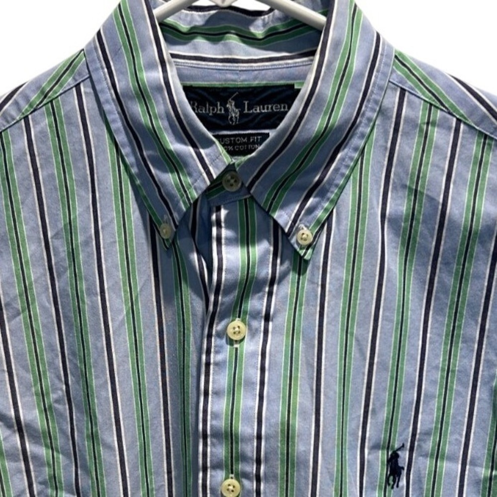 Ralph Lauren Button Down Shirt 15.5 34/35 Mens Blue Green Striped Custom Fit